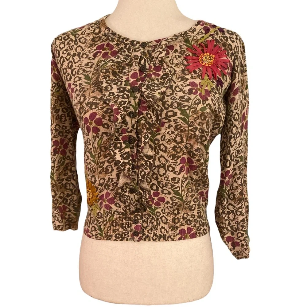 Sparrow Anthro Embellished Floral Leopard Ruffle Draped Cashmere Cardigan - XS - Picture 2 of 13